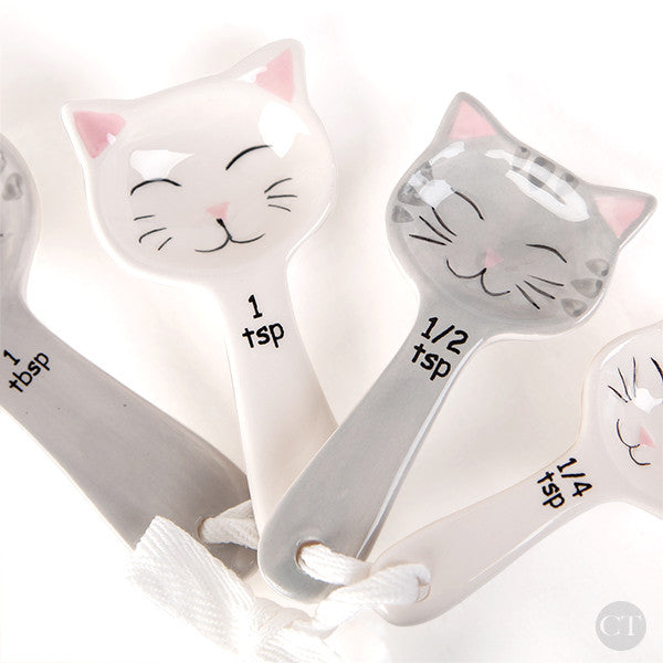 White and Gray Set of 4 Cat Shaped Ceramic Measuring Spoons Baking